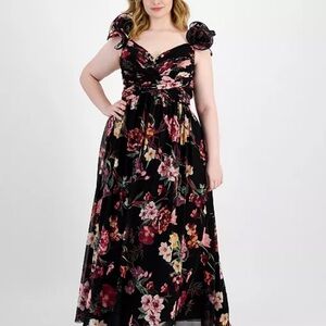 B Darlin Floral-Print Ruffle-Strap Gown